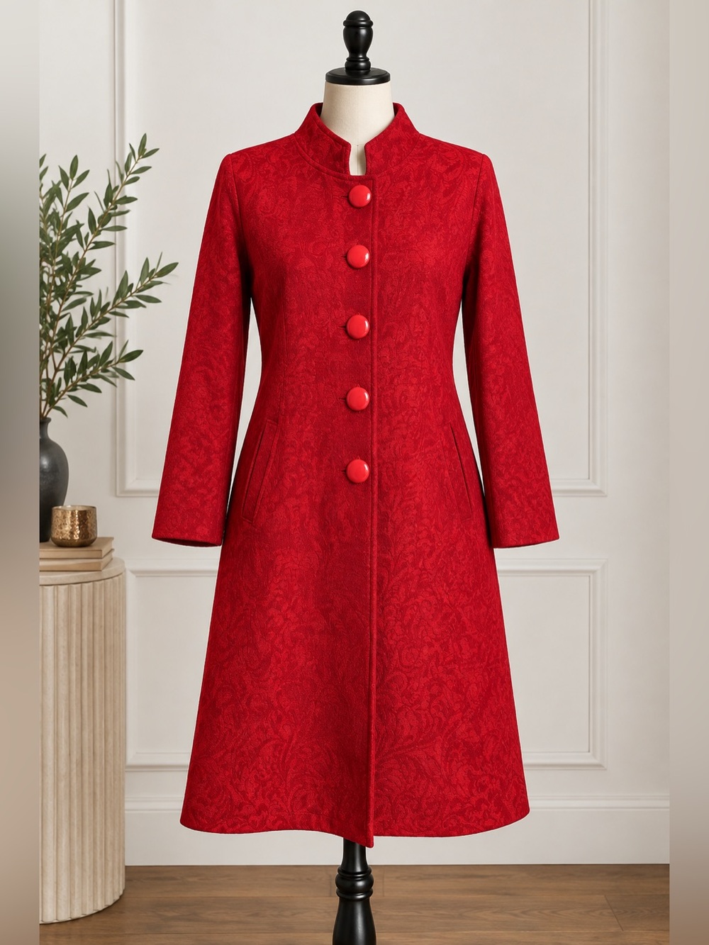 Red Jacquard Long Coat Statement Button Mandarin Collar